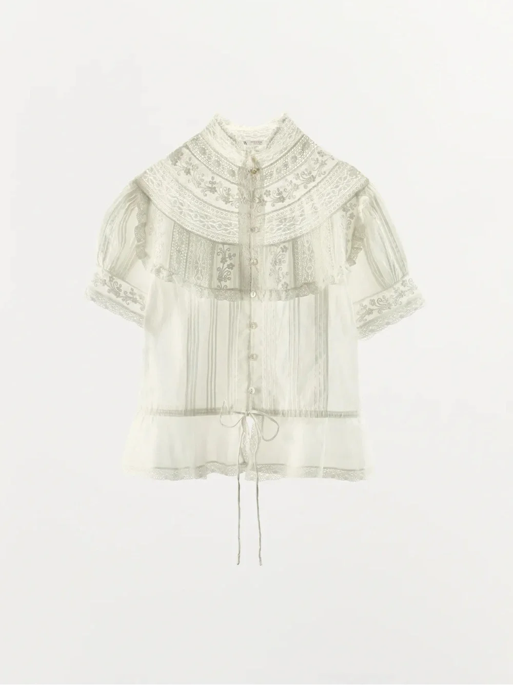 Zara Ivory Lace Yoke Peplum Button-Front Top